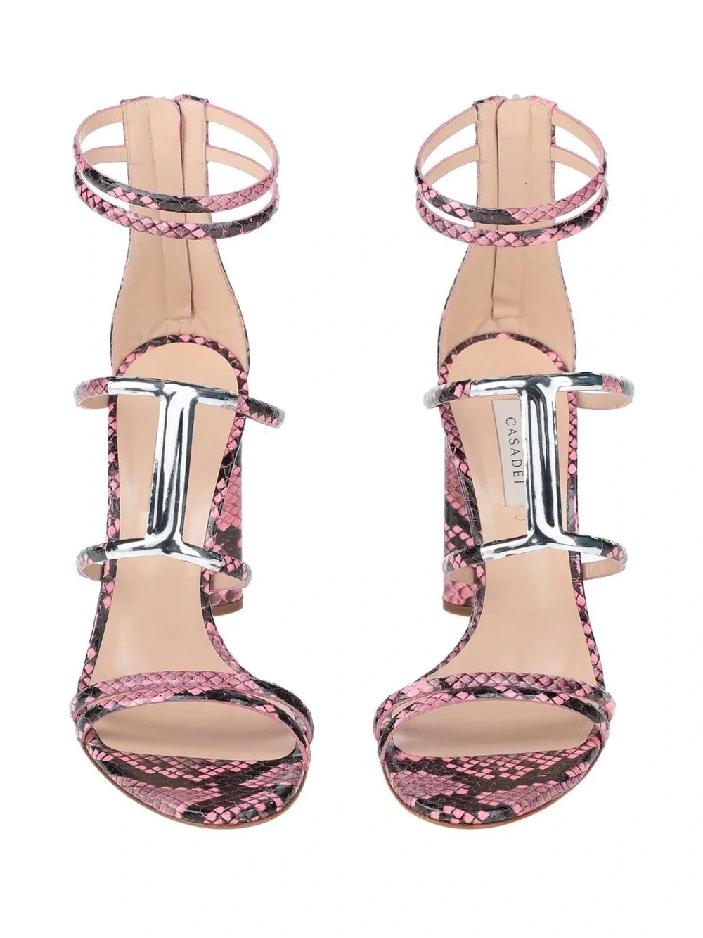 Casadei Pink Snake Print Leather T-Bar Sandals Block Heel US 7.5 EU 37.5